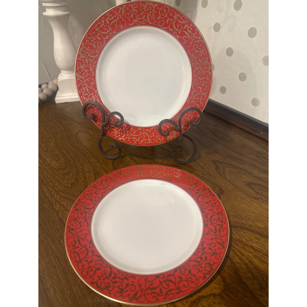 Mikasa Parchment Red Salad Plates Set of 2 Fine China L3471 Gold Scroll Red Rim